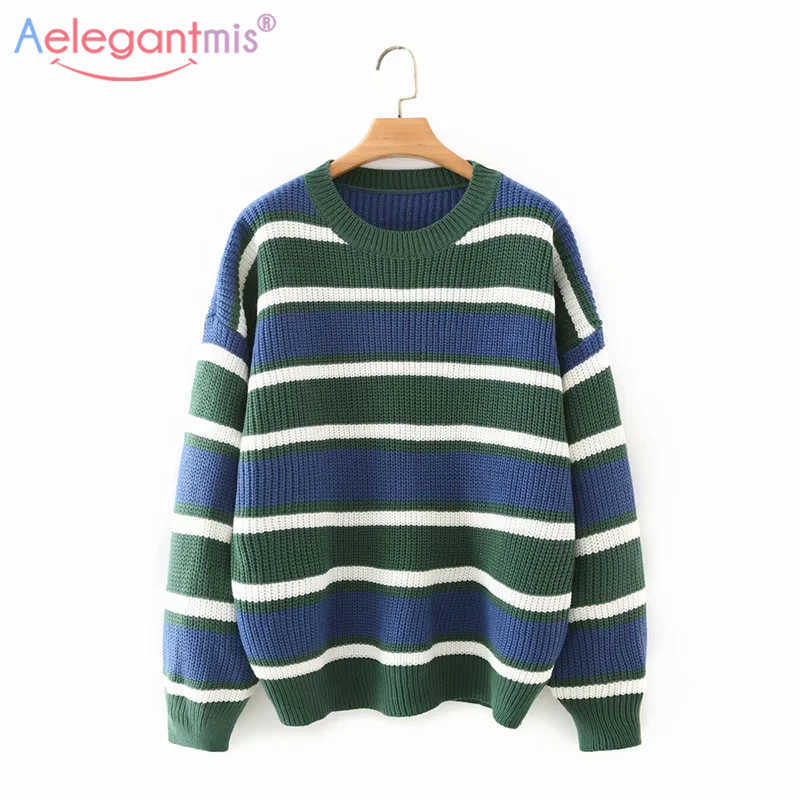 

Aelegantmis Striped Knitted Sweater Women Vintage Soft Casual O Neck Wram Pullovers Cozy Elegant Loose Jumper Korean Chic Female 210607, As shown