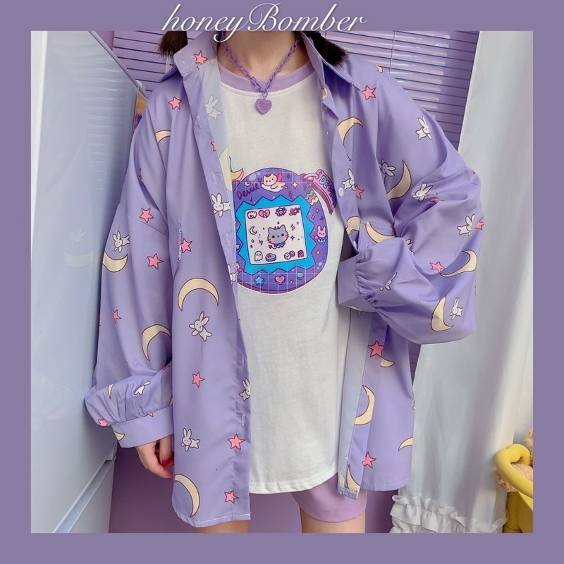 

2021 New Deeptown Estilo Coreano Camisas Femininas Kawaii Outono Moda Jk Blusa Feminina Manga Longa Bonito Boto Solto at Camisa De Es Dimens, Purple