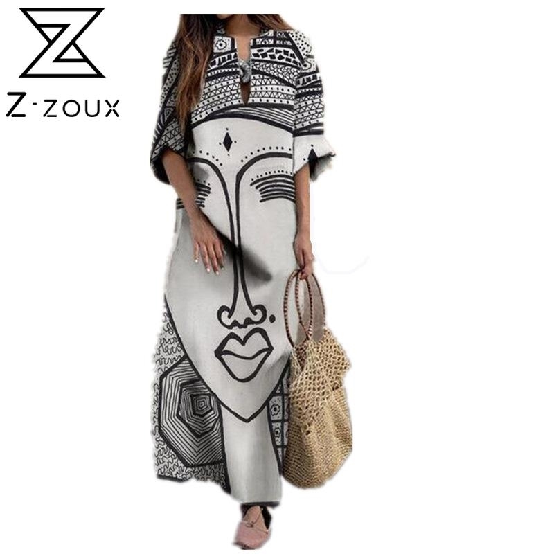 

Women Dress V Neck Three Quarter Sleeve Printed Bohemian Loose Casual Long es Plus Size Vintage es 210524, Coffee