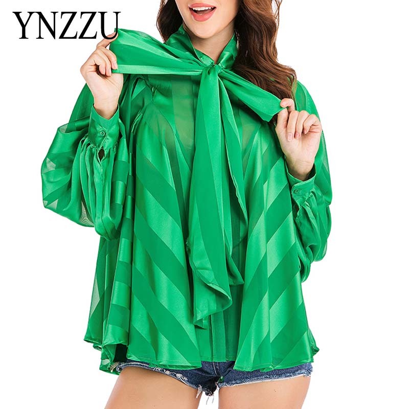 Casual Women Green stripe blouse New Spring Bow tie Fashion Female shirt Loose Solid Long sleeve tops Summer YNZZU YT802 210225Z