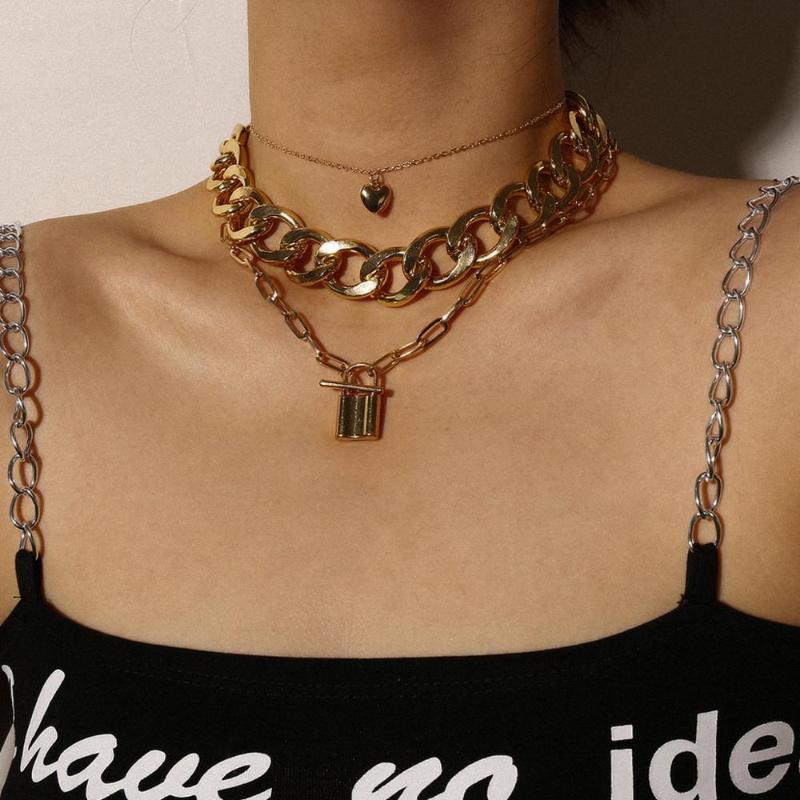 

Pendant Necklaces Lacteo 3Pcs/Set Miami Cuban Chunky Thick Chain Choker Necklace For Women Punk Gothic Lock Love Heart Jewelry, Silver