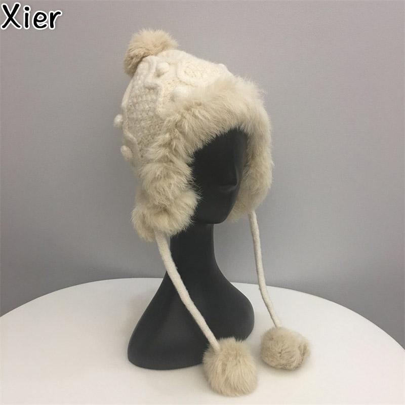 

Berets Fashion Winter Lei Feng Hat Ladies Cute Fur Ball Warm Couple Earmuff Cap Knitted Wool All-match, Black