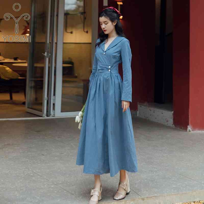 

YOSIMI Vintage Blue Cotton Women Dresses Spring Maxi V-neck Long Sleeve Fit and Flare Ankle-length Party Dress Elegant 210604
