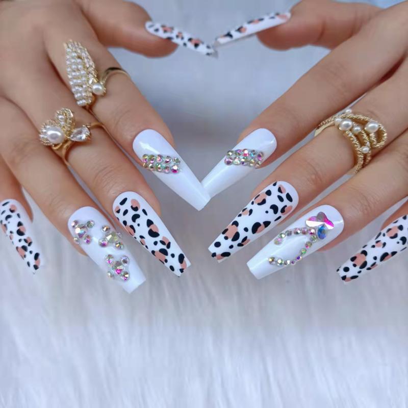 

False Nails 2022 Long Nail Stickers Frosted Leopard Print Ballet Patch Crystal Diamond Design Removable Wear Fake Clip, Red;gold