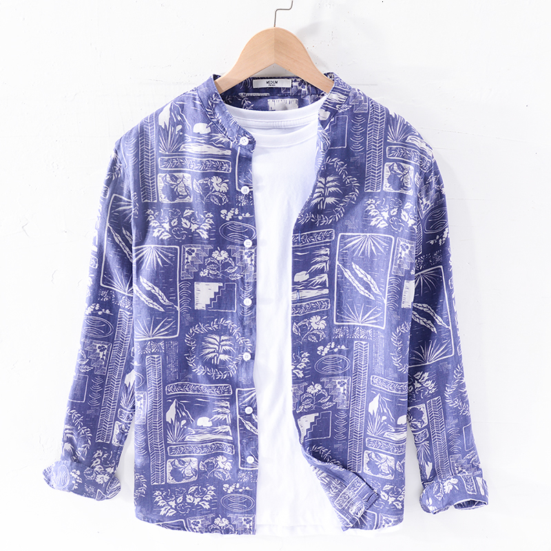 

2021 New 100% Linen Stand Collar Print Blue Shirts Brand Long Sleeve Retro Fashion for Men Casual Comfortable Shirt Mens Camisa Q2vp, 9755 white