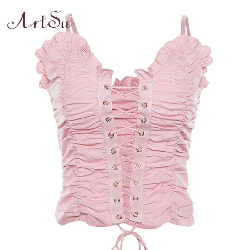 

ArtSu Pink Crop Top Lace Up Sexy Summer Spaghetti Strap Top Cute Camis Ladies Cami ASVE20530 210608, Black