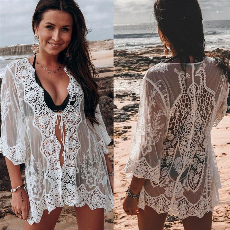 

Vertive 2021 Sexy Women Lace Floral Beach Long Maxi Dress Bikini Cover Up Bathing Suit Swimwear Kaftan Crochet Women's