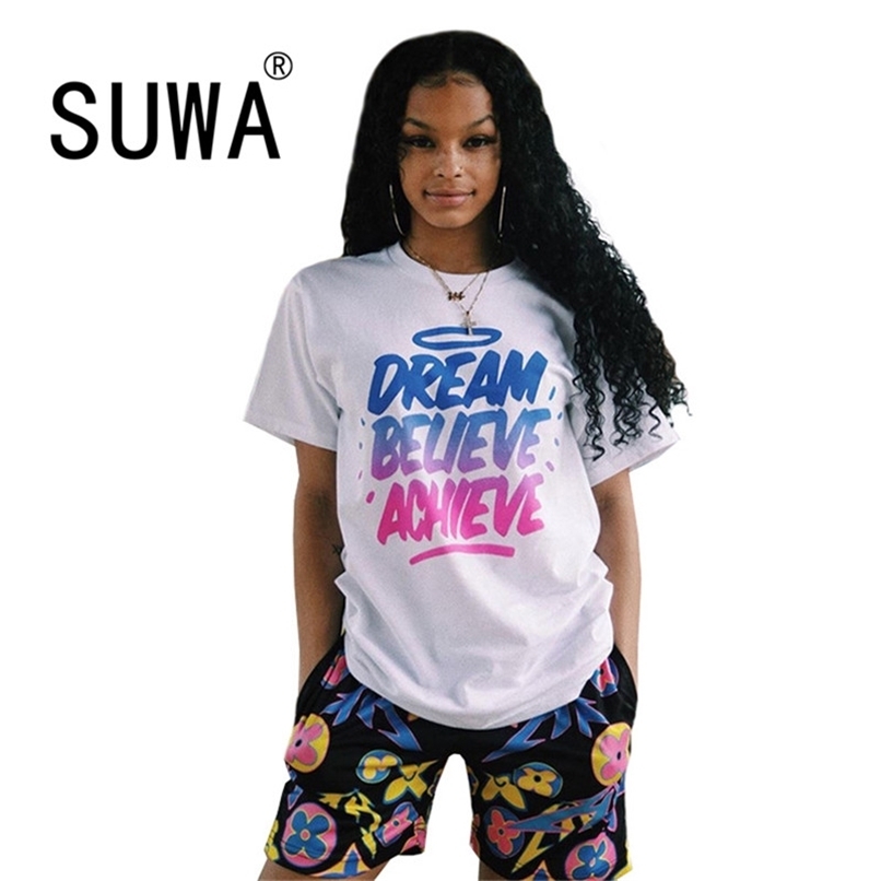 

Tracksuit Two Piece Outfits For Women Sets Clothing Oversized Classic Summer T-Shirt Top Biker Shorts Cool Girl BF Style Street 210525, Multi