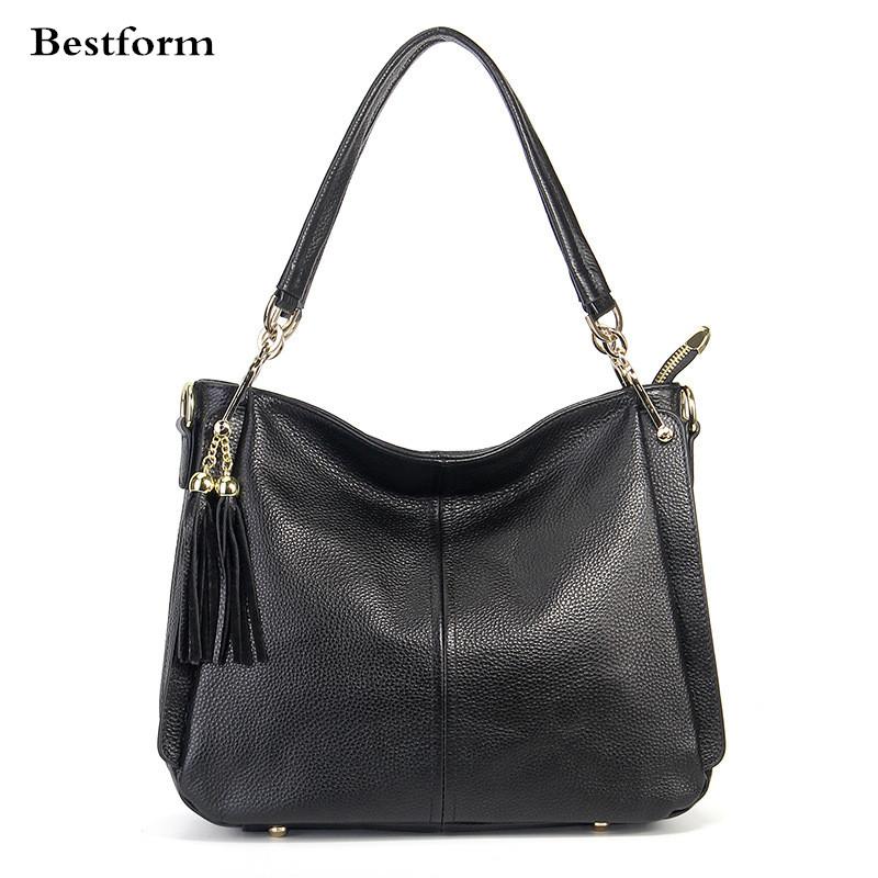 

2021 Spring New Arrive Women Leather Tote Bag Classical Genuine Leather Soft Tassels Lady Shoulder Bag, Black