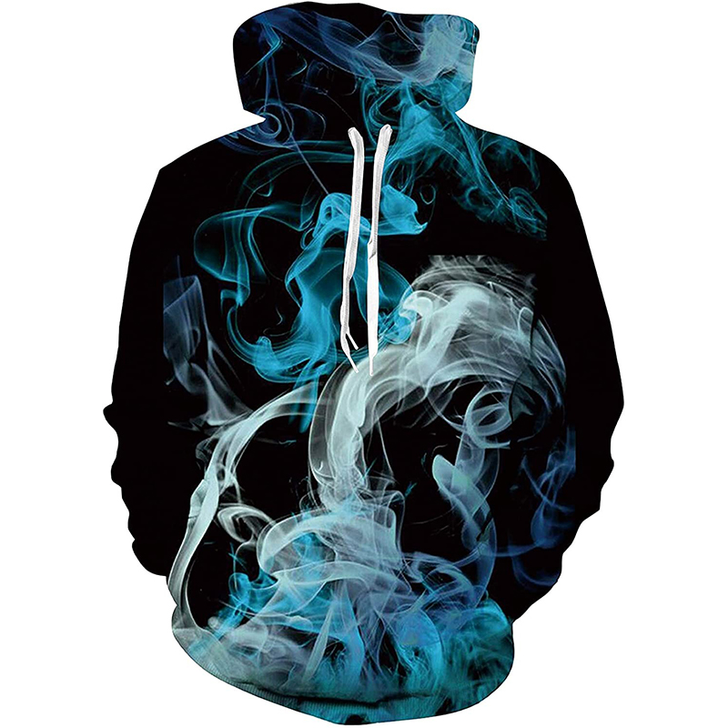 

Blue ash smoke 3D printing hoodie visual impact party top punk goth round neck high quality American sweater hoodie, Black