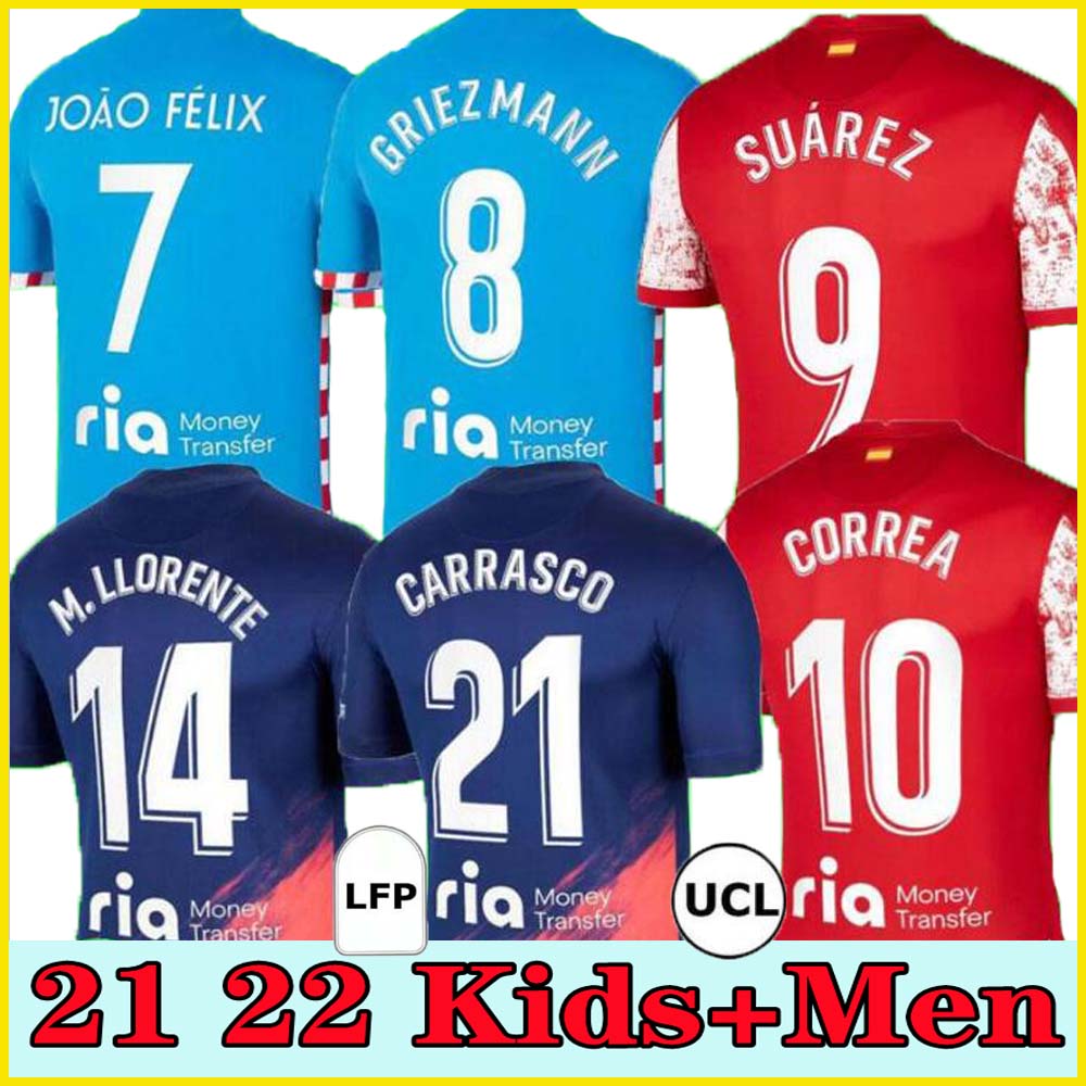 

21 22 Atletico Madrid Soccer Jerseys SUAREZ GRIEZMANN JOÃO FÉLIX 2021 2022 M. Llorente CORREA KOKE Camisetas de fútbol LEMAR CARRASCO men and kids kit Football Shirt, 21 22 kids size: