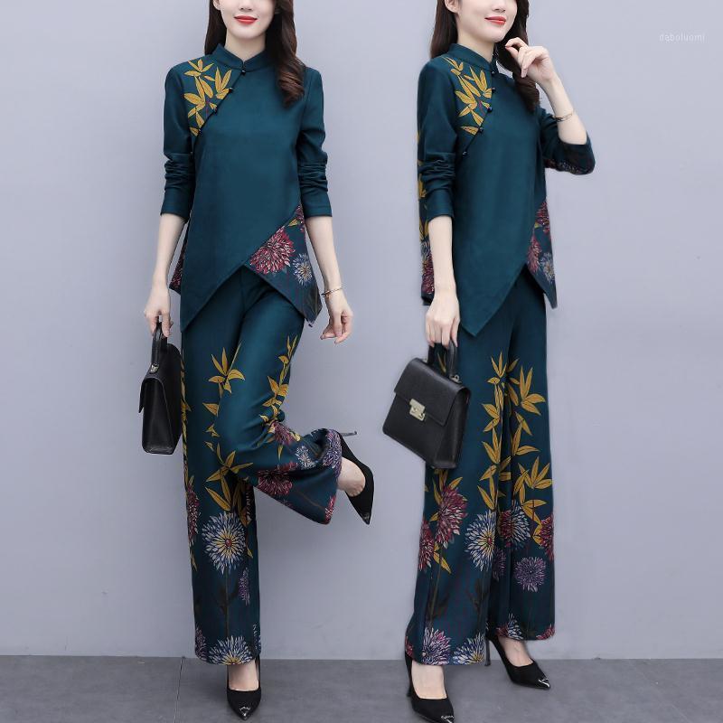 

Chinese Style 2 Piece Sets Womens Outfits Retro Ensemble Femme Pieces Pantalon Elegant Luxury Floral Print Top&pants Set Women's Tracksuits, Blue