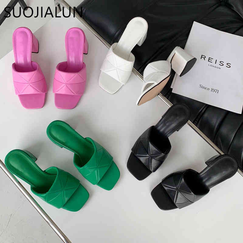 

SUOJIALUN Fashion Square Toe Square High Heel Slippers Embroidery Peep Toe Slide New Brand Summer Sandal Shoes Casual Flip Flops K78, Green