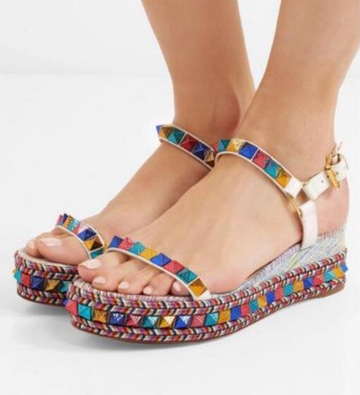 

Famous Ladies Red Bottom Wedge Cataclou Sandals Gold Patent Leather Studded Ladies Ankle Strap Women's Pumps Party Dress EU34-42,With Box, 20