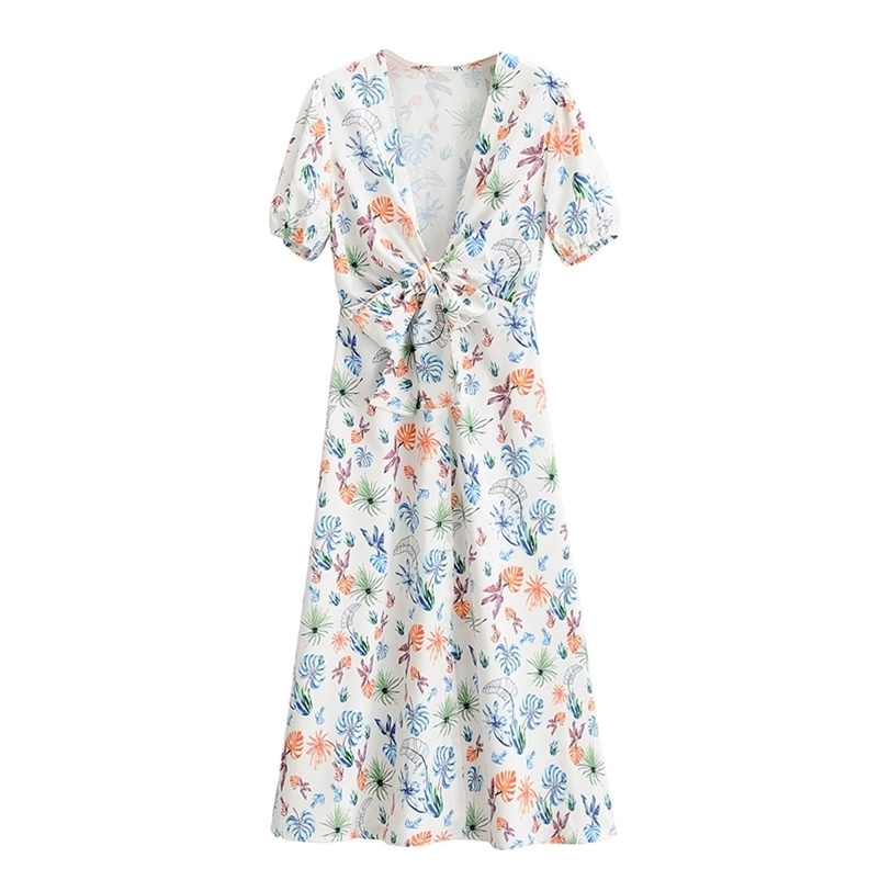 

Summer Women Floral Dresses Sexy V-Neck Beach Short Sleeve A Line Mid-Calf Ladies Clothing Size S M  210524, White