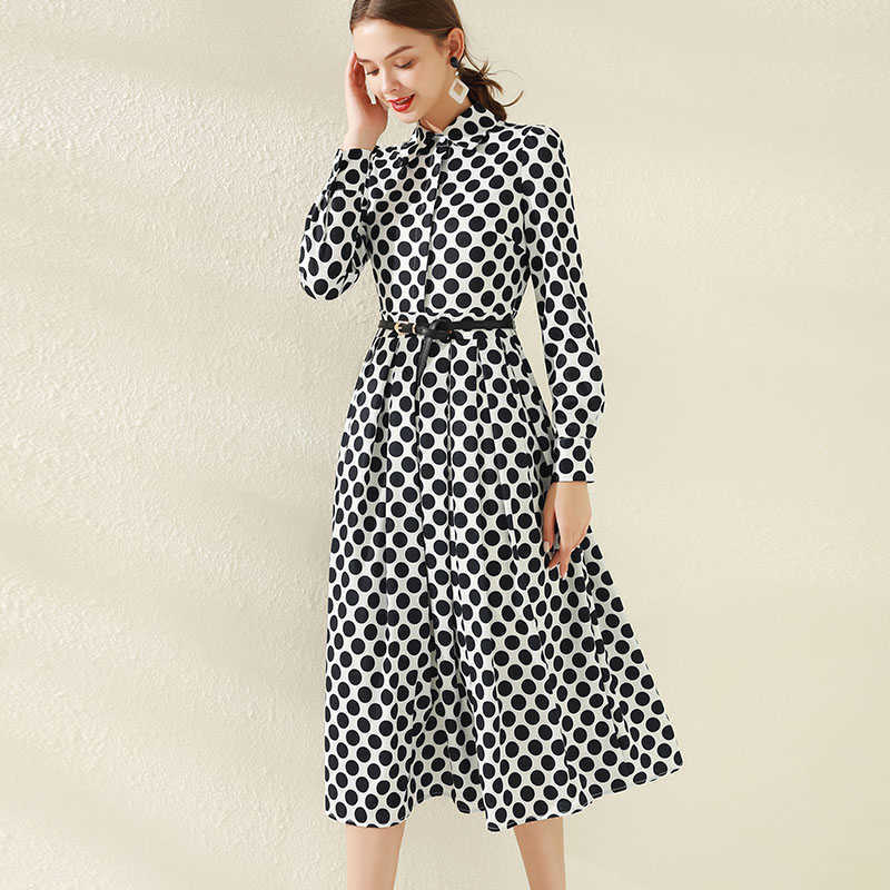 

High Quality Spring and Summer Fashion Dresses Women' Long Sleeve Lapel Single-Breasted Retro Polka Dot Shirt Dress 210526, Deep blue