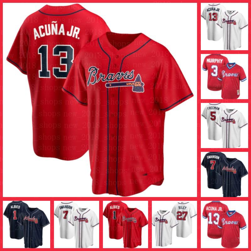 

Atlanta Braves Jerseys 13 Ronald Acuna Jr. Baseball 5 Freddie Freeman 1 Ozzie Albies 7 Dansby Swanson 27 Austin Riley 54 Max Fried Men, Blue;black