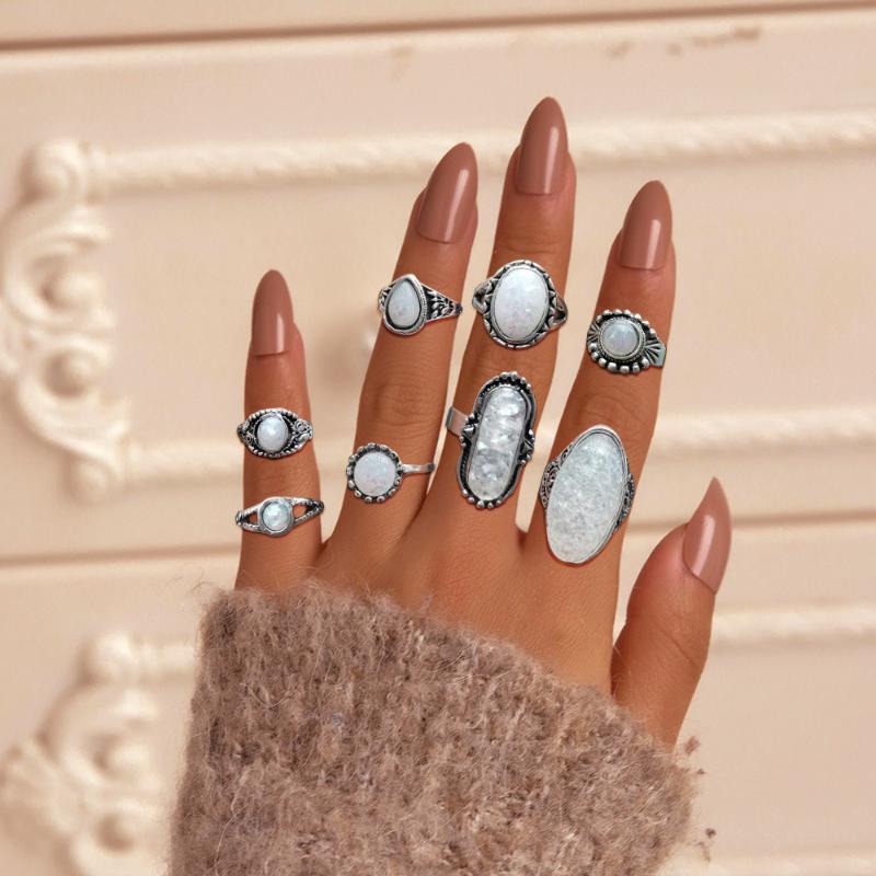 

Cluster Rings Women 8pcs/Set Vintage Antique Silver Color Sets Colorful Opal Stone Carve Ethnic Bohemian Jewelry For Party Gift WC014, Golden;silver