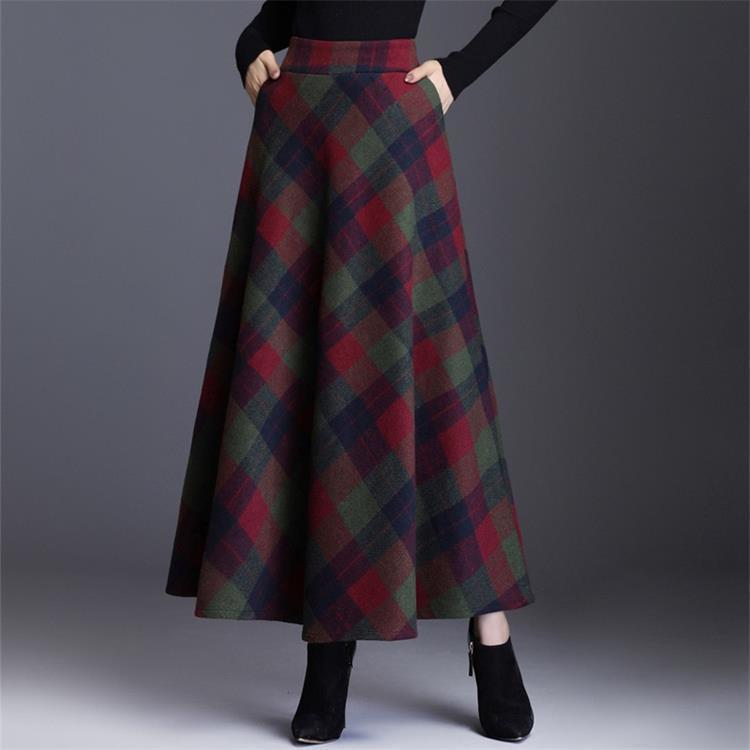 Skirts Medium Plaid Long Female Autumn and Winter Korean Version Thin Pleated Skirt Thickened Woolen Cloth with A-word-image-728323966