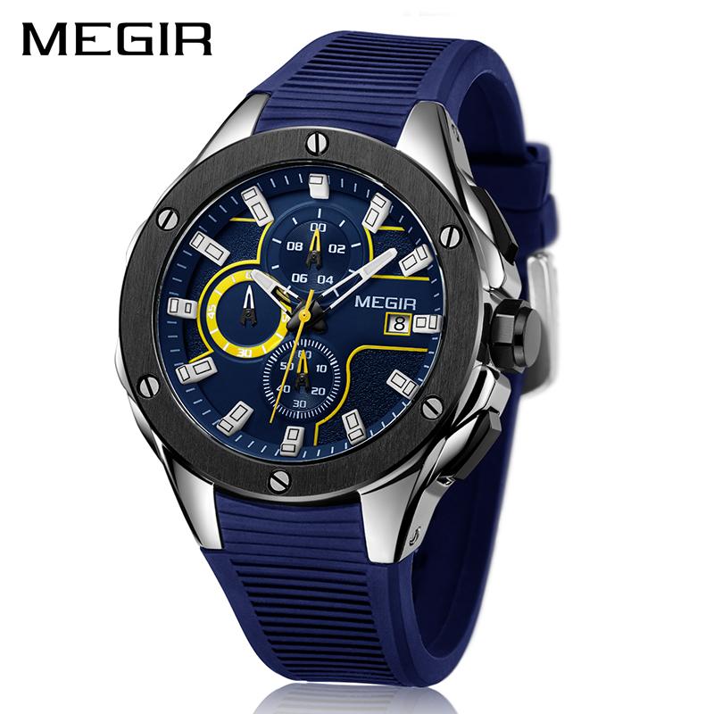 

Wristwatches MEGIR Men Sport Watch Top Waterproof Luminous Chronograph Quartz Army Military Watches Clock Relogio Masculino, Blue
