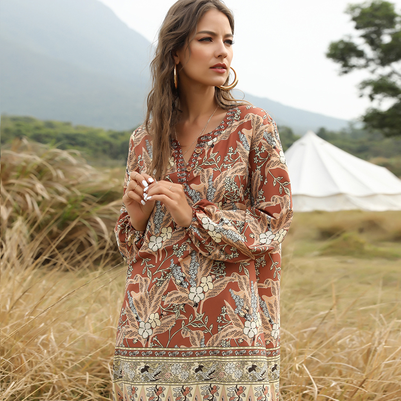 

2021 New Women Bohemian Printed Lantern Long Sleeve Sexy v Neck Elegant Casual Mini Spring Autumn Fashion Bmy3, As picture