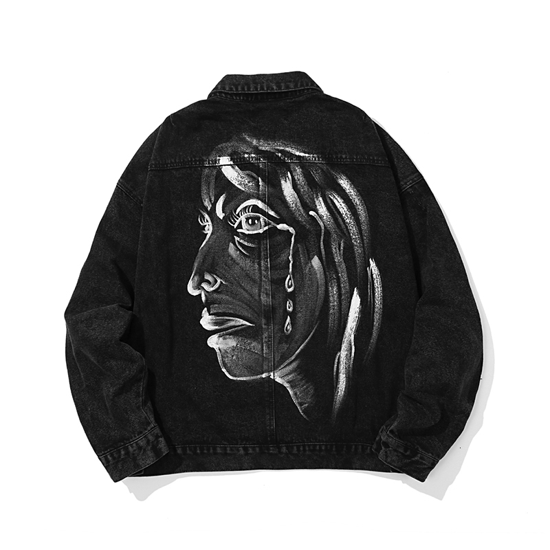 

2021 New Harajuku Avatar Arte Graffiti Denim Casaco Masculino Moda Alta Rua Oversize Desgastado Solto Lapela Lavado Retro Bombardeiro Jaquet, Black