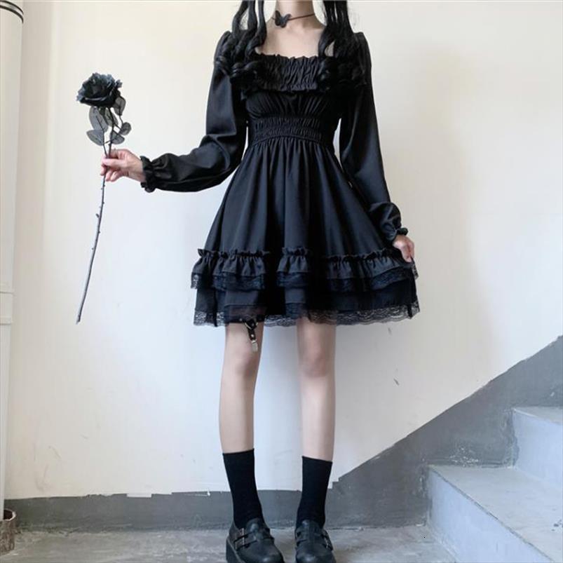 

japanese lolita style princess black women dress mini slash neck high waist gothic puff sleeve lace ruffles party dresses, Black;gray