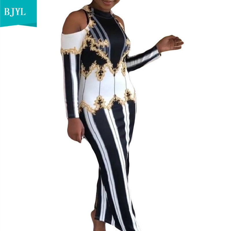 

2021 New Spring Autumn Women Long Sleeve Off the Shoulder Striped Print Sexy Maxi Party Es Vestidos Plus Size Znry, Black