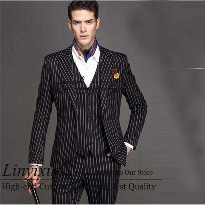 

Men's Suits & Blazers Classic Black Pinstripe Mens Peaked Lapel Wedding Groom Tuxedos 3 Pieces Business Ropa Hombre Male Blazer Terno Mascul