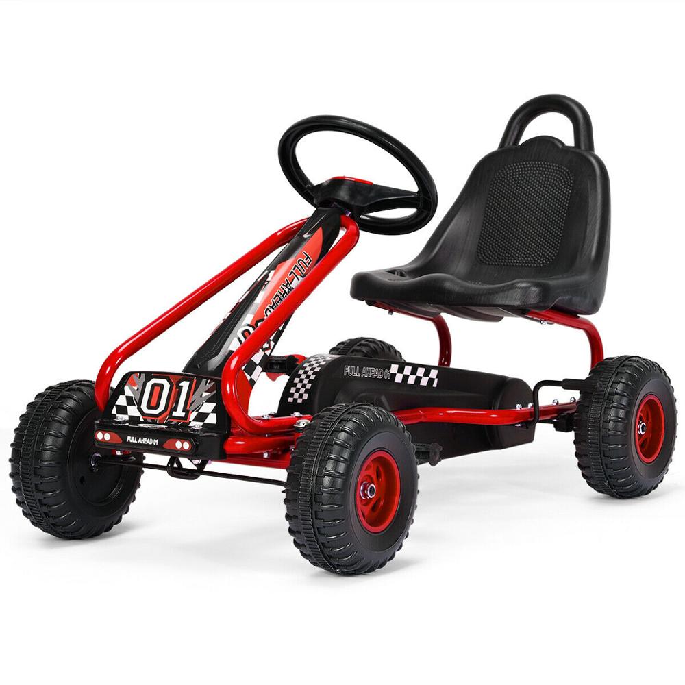 

Kids Pedal Go Kart 4 Wheel Ride On Toys w/ Adjustable Seat & Handbrake