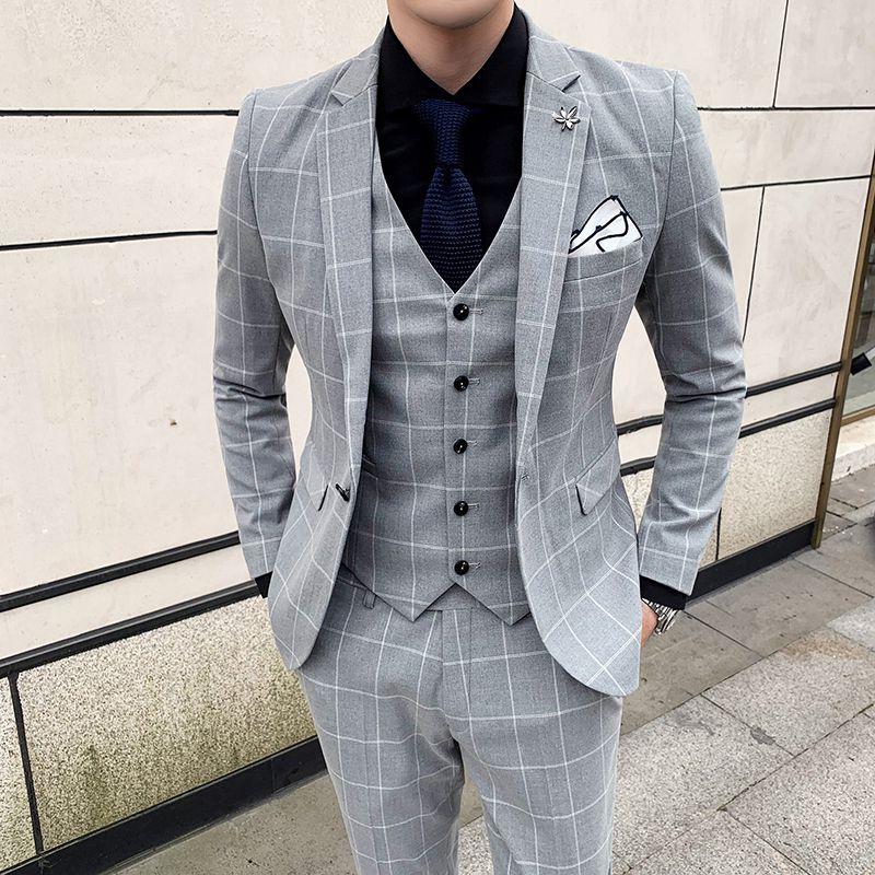

Men's Suits & Blazers Jacket+Pants+Vest 2022 Groom Wedding Dress Fashion Plaid Business Suit Tuxedo Boutique Slim 3-piece Sets, White;black