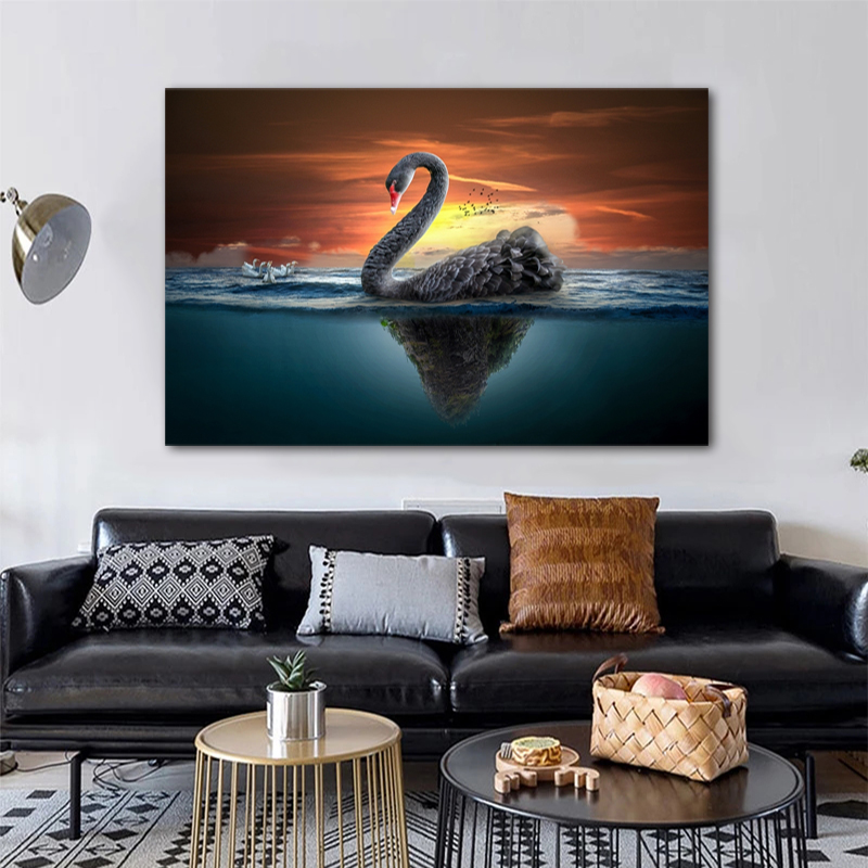 

RELIABLI Black Swan Sunset Posters And Prints Animal Pictures Modern Home Decoration Canvas Painting Wall Art For Living Room