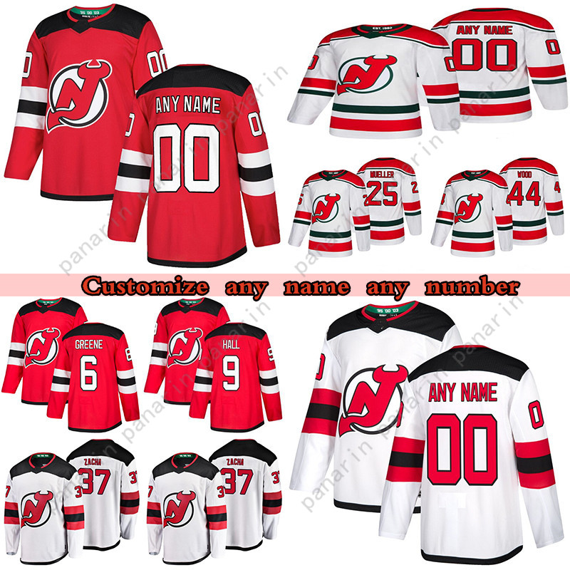 

Custom Devils hockey jersey 86 Jack Hughes 76 PK Subban 30 Martin Brodeur 6 Andy Greene any number and name, Black;red