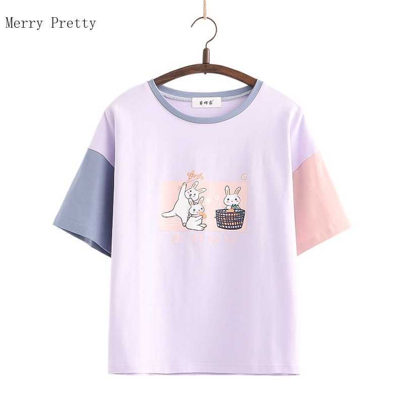 

Harajuku Cartoon Rabbit Print Casual T-Shirts Women Cotton Tops Summer Short Sleeve O- Neck Sweet Style Ladies Pachwork Tee 210526, White