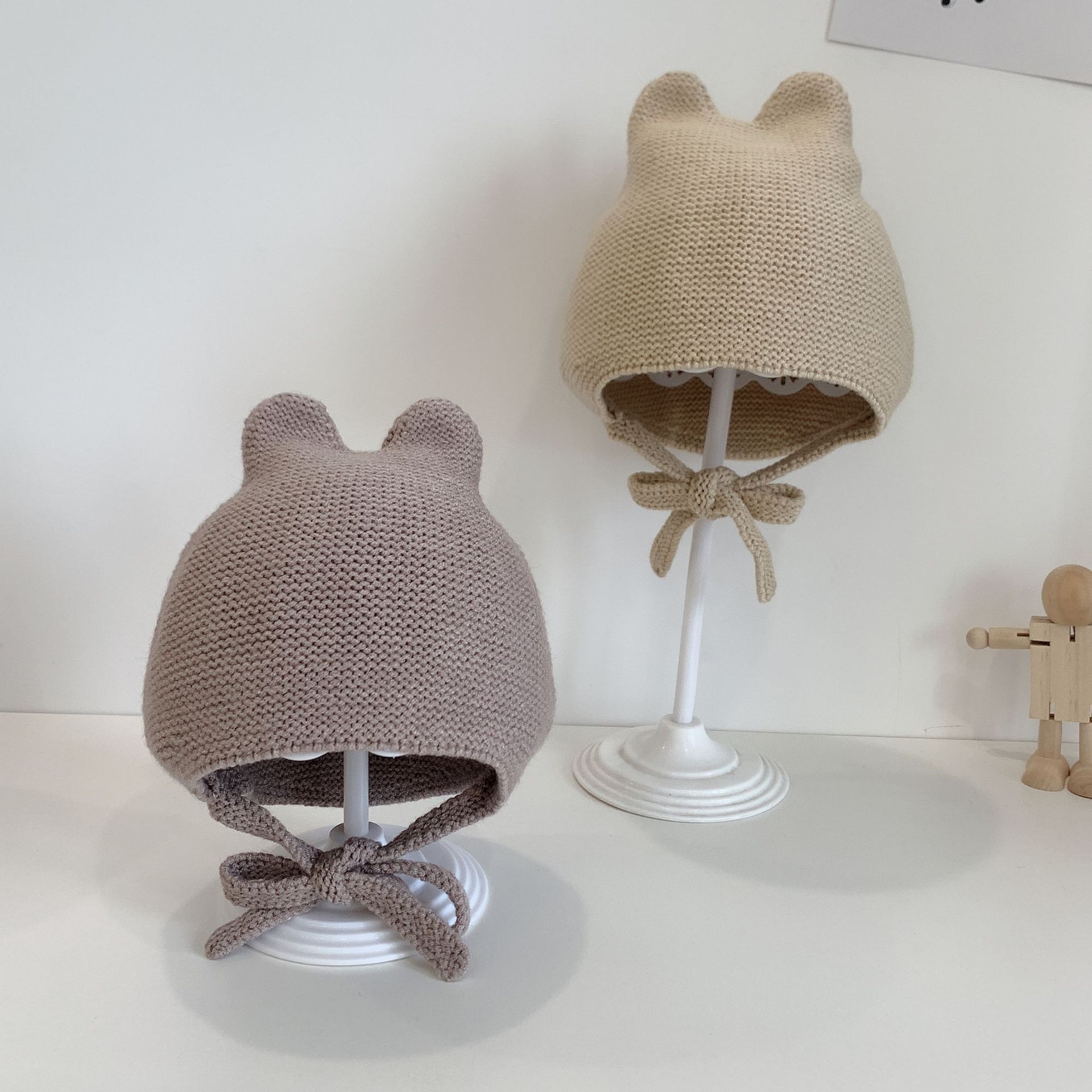 

Baby Hat Spring and Autumn Solid Color Binaural Lace Cap Unisex SleeveWinter Warm, Grey