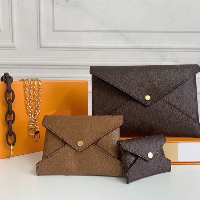 

Envelope Bag Messenger Bags Lady Handbag Fashion Genuine Leather Classic Old Flower Letter Printing Three Piece Chain Decoration Hasp Wallets, Brown