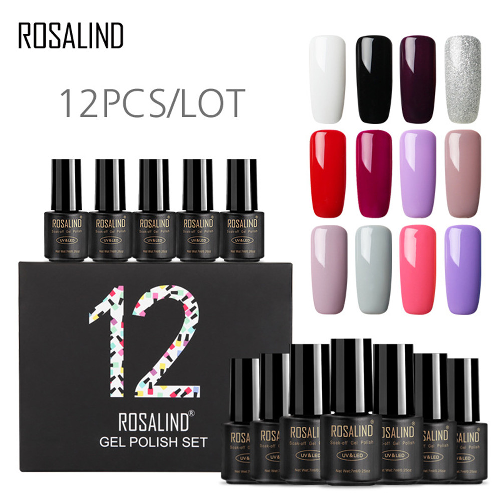 ROSALIND 12pcs/set UV LED Nail Gel Polish Set Pure Colors Varnish Long Lasting Soak Off 7ml-image-663209184