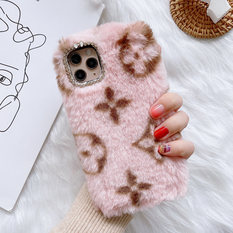 

Fluffy Rabbit Fur Flower Print Soft Back Cover Plush for iPhone 12 Mini 11 Pro Max XR XS 6s 8 Plus SE