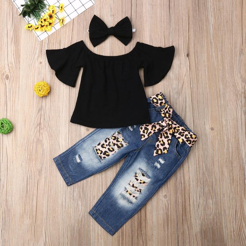 

3PCS Baby Girls Toddler Pineapple Clothes Kids Off Shoulder Tops + Leopard +Headband Denim Shorts Outfits Set, White