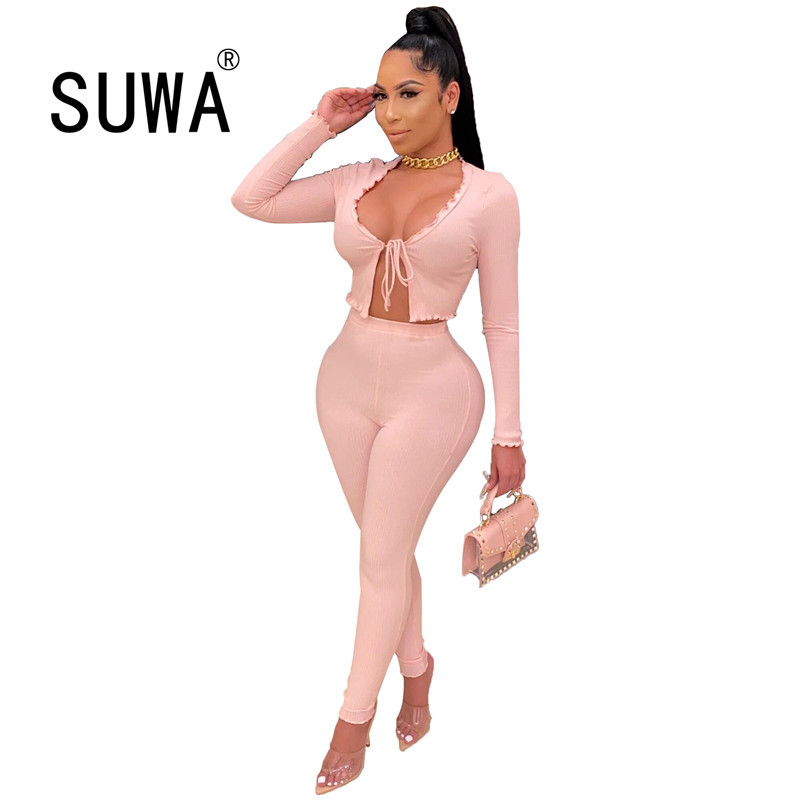 

Wholesale Two Piece Set Casual Long Sleeves Top and Pants Female Solid Skinny Women Pink Clothing Tracksuit Clubwear 210525