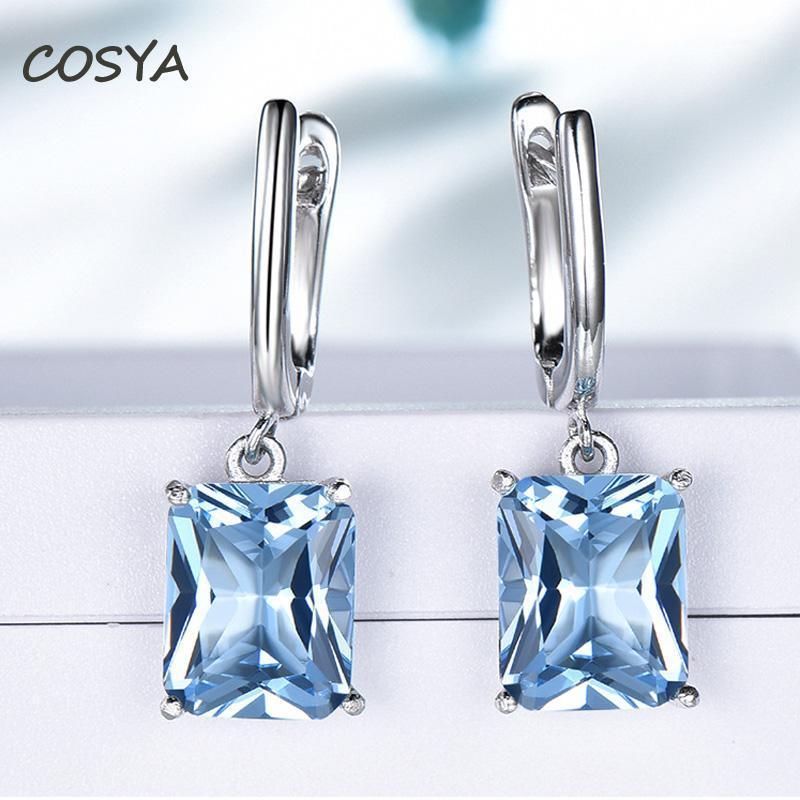 

100% 925 Sterling Silver 8*10mm Green And Sky Blue Topaz Simplicity Earrings For Women Engagement Party Fine Jewelry Gift Dangle & Chandelie