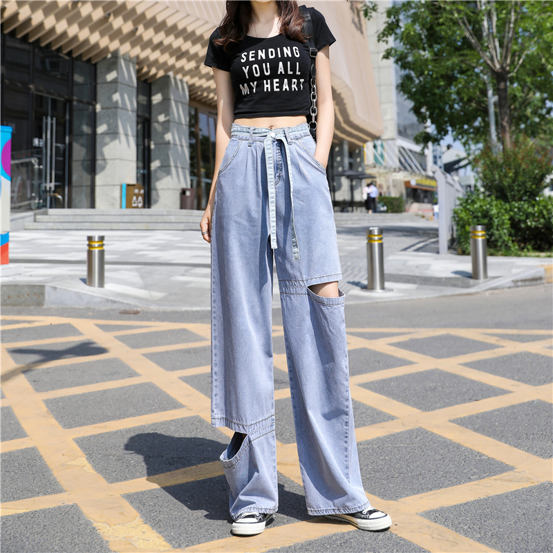 

2021 New Woman Jeans Ripped Clothes High Waisted Summer Baggy Wide Leg Vintage Fashion Stretch Harajuku Straight Pants Gemz, Blue