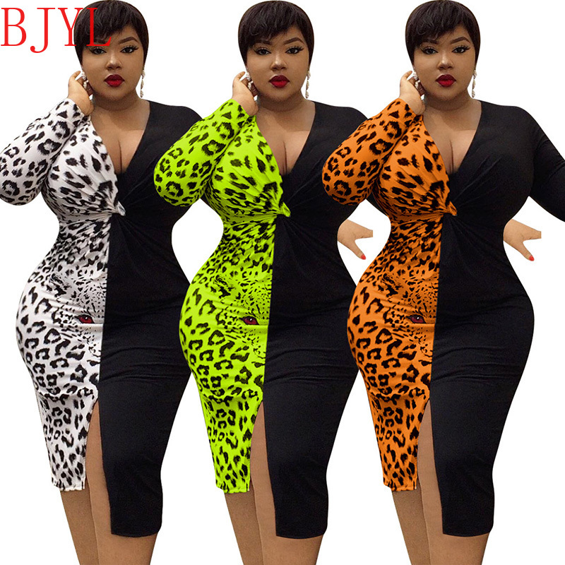 

2021 New Autumn Women Long Sleeve Sexy V-neck Plus Size Split Slim High Waist Bag Hips Leopard Print Knee Length Q7oc, Brown