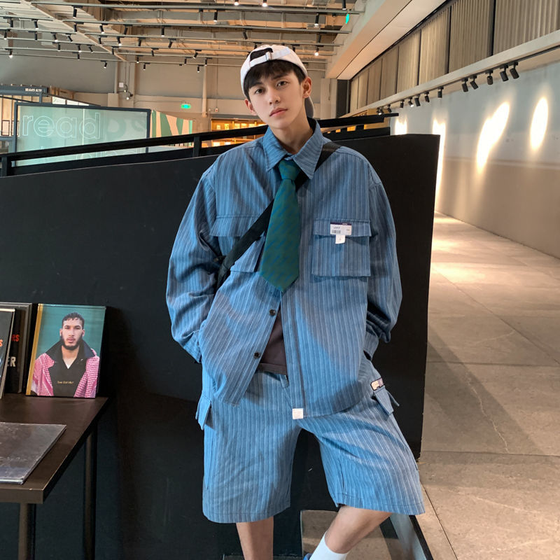 

New 2021 Long-sleeved Hawaiian Neutral Striped Male Shirt Streetwear Cowboy Clothing Jackets 4j62, Deep blue shorts