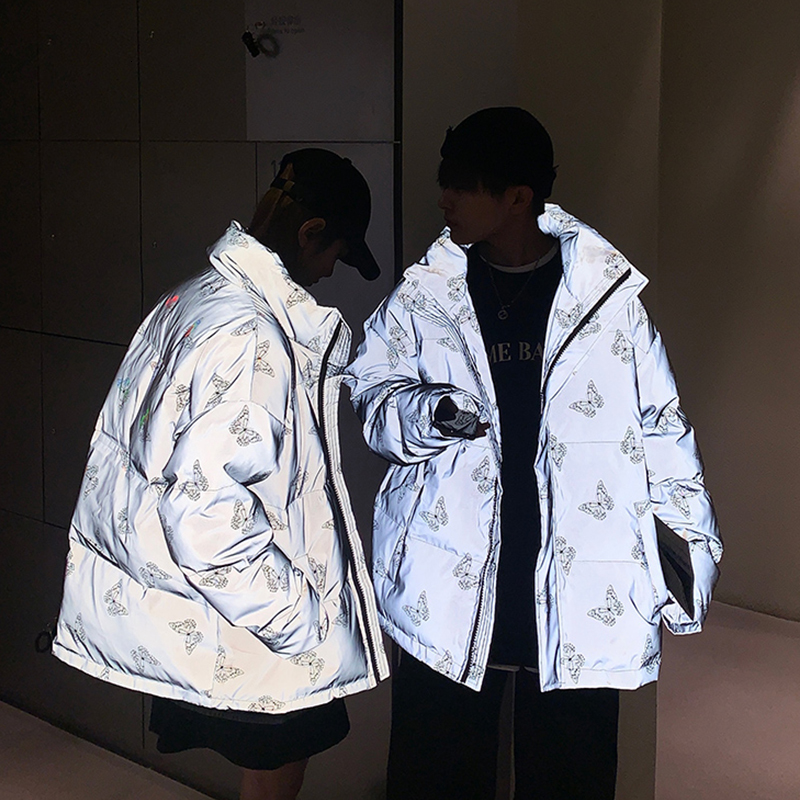

2021 Streetwear Korean Winter Men/women Reflective Down Jackets Butterfly Thick Cotton-padded Couple Clothes Coated Warm Loose Jacket 9cl6, Black