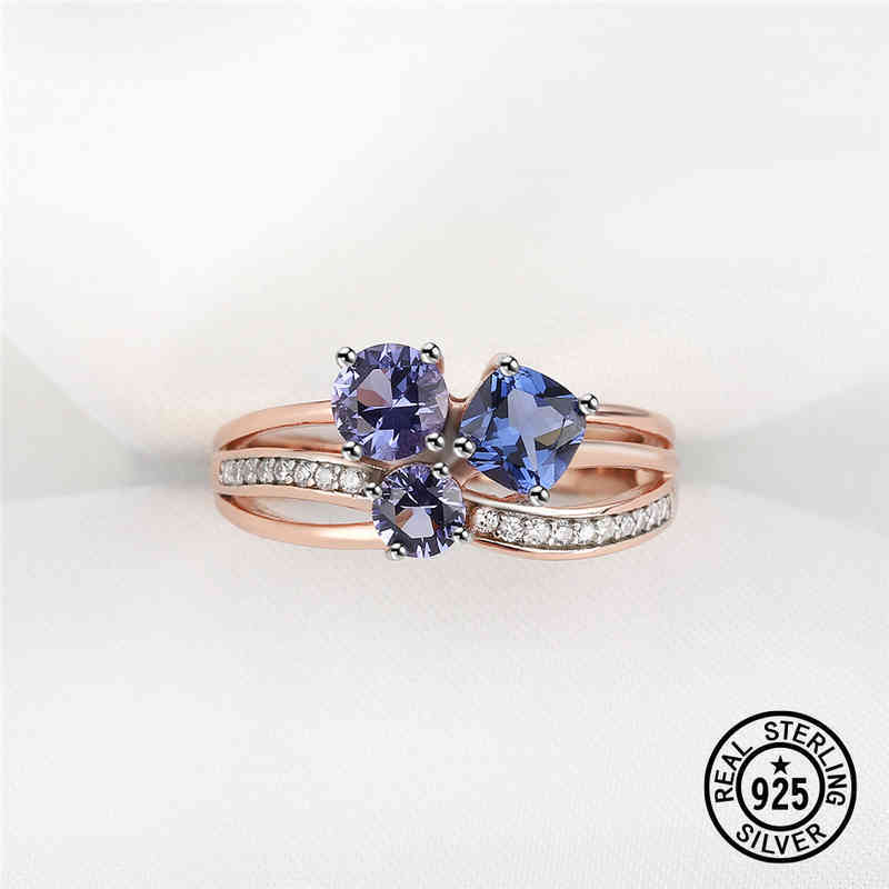 

925 Sterling Silver Rings For Women Gemstone Tanzanite Rose Gold Plated Delicate Luxury Fine Jewelry Unusual 2021 Trendy Gifts