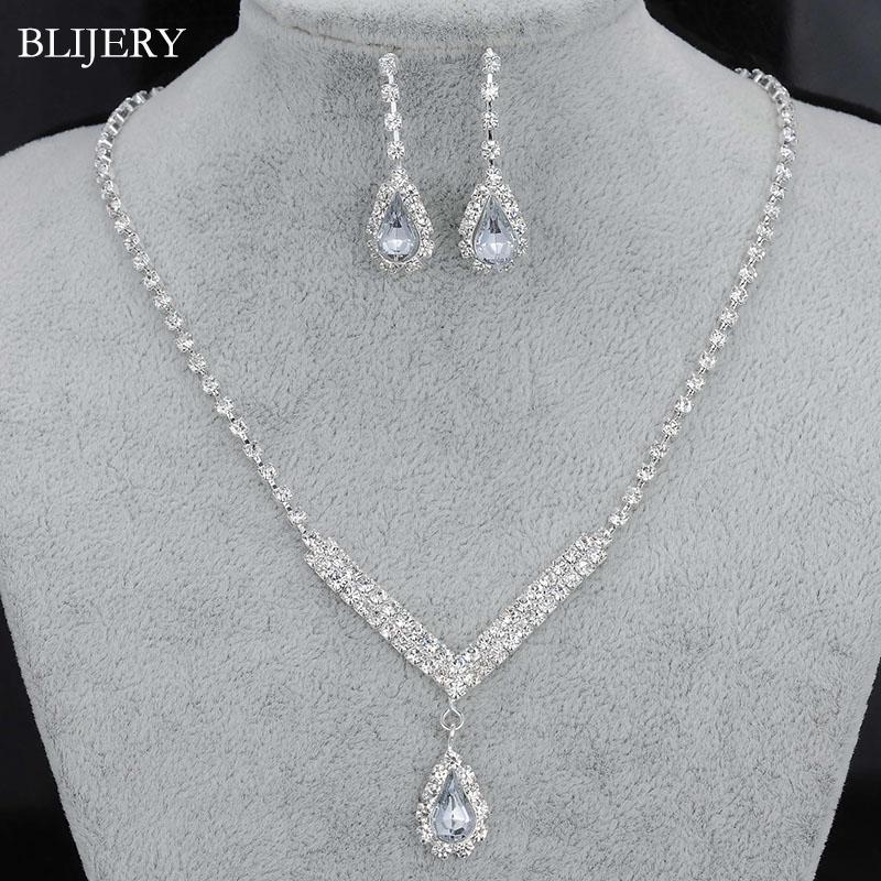 

Wedding Jewelry Sets BLIJERY Fashion Women Silver Color Rhinestone Crystal Drop Choker Necklace Earrings Bridal, Slivery;golden