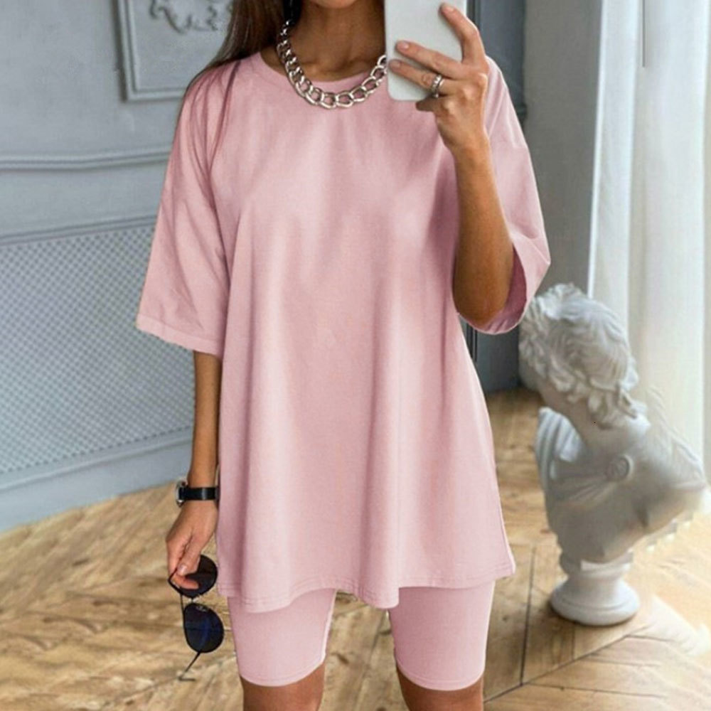 

2021 New Fashion White Khaki Sexy Women Summer o Neck Short Sleeve Shirt Tops and Bodycon Shorts Bottom Suit Two Piece Sets Outfit M0xv, As photo