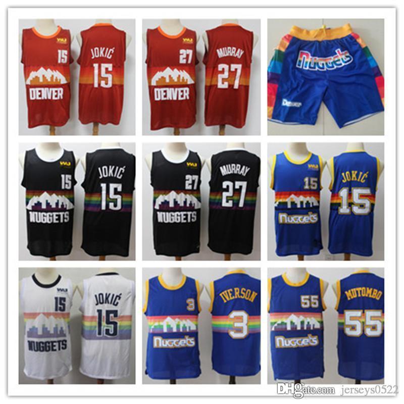 

Mens Denver Nuggets Throwback Dikembe 55 Mutombo Allen 3 Iverson Nikola 15 Jokic Jamal 27 Murray Basketball Jerseys Bask, Black;red