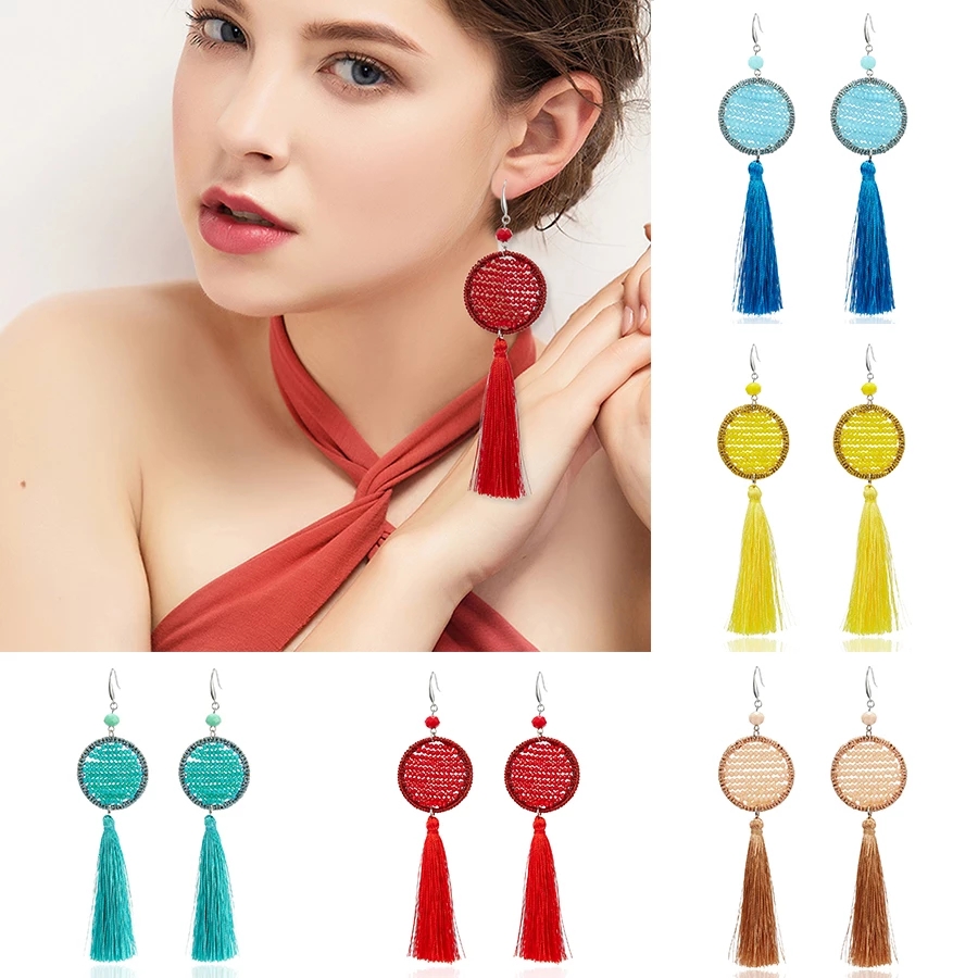 

Dangle & Chandelier Fashion Bohemian Geometric Round Crystal Fringe Hook Earrings For Women Gifts Creative Personality 6 Color Long Tassel Earring